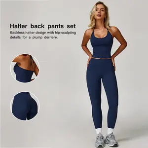 Women's Summervibes Halter-Neck Strappy Top & High-Waisted Athletic Leggings Set — Stretchy, Soft, and Skin-Friendly Fabric with High-Waisted Tummy Control; Suitable for Fitness, Running, Yoga, and Various Athletic Activities Outdoor Fun