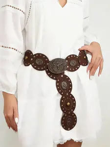 Unisex Western Cowboy Bull Head Design Belt, Ethnic Bohemian Style Waistband, Versatile Round Buckle Retro Leather Strap, Cowboy Cowgirl Belt