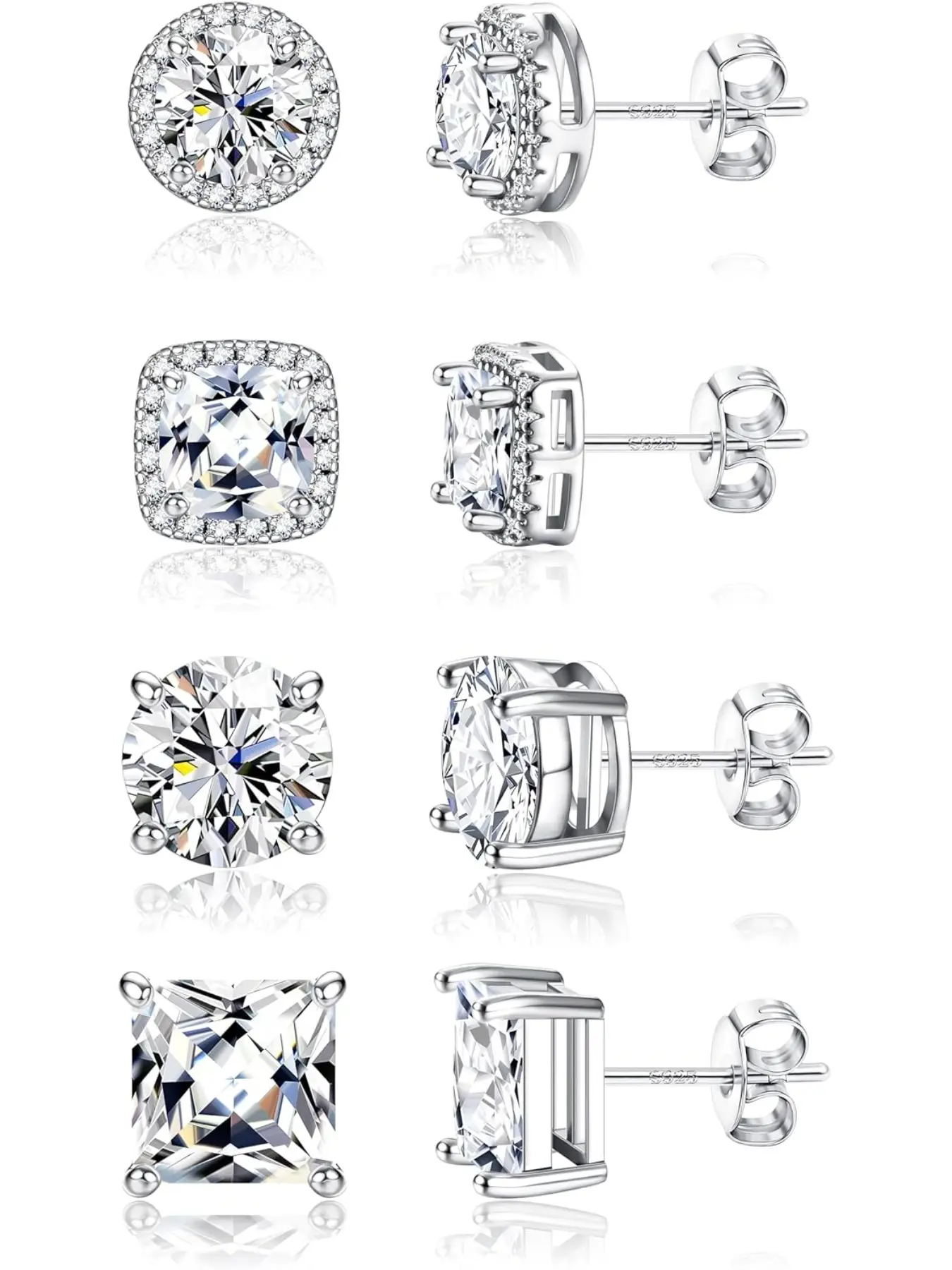 Stud Earrings for Women Men - Earrings for Sensitive Ears - Earrings Jewelry - 6/8/10mm Cubic Zirconia Earrings Studs-18K Gold Plated Simulated Diamond CZ Halo Earrings 2/4Pairs