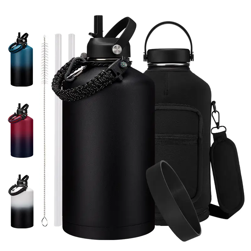 128 oz Leak Proof Stainless Steel Flask Water Bottle - Insualted Water Bottles with Straw Flex Lid, Survival Paracord, Shoulder Carrier Bag, Metal Hydro Water Flask Mug Sports Hiking Cycling Work