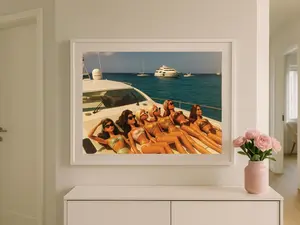 Luxury Yacht Sunbathing Poster No Framed, Retro Fashion Doll Wall Art, Coastal Glam Decor, Summer Pop Art Photography Print