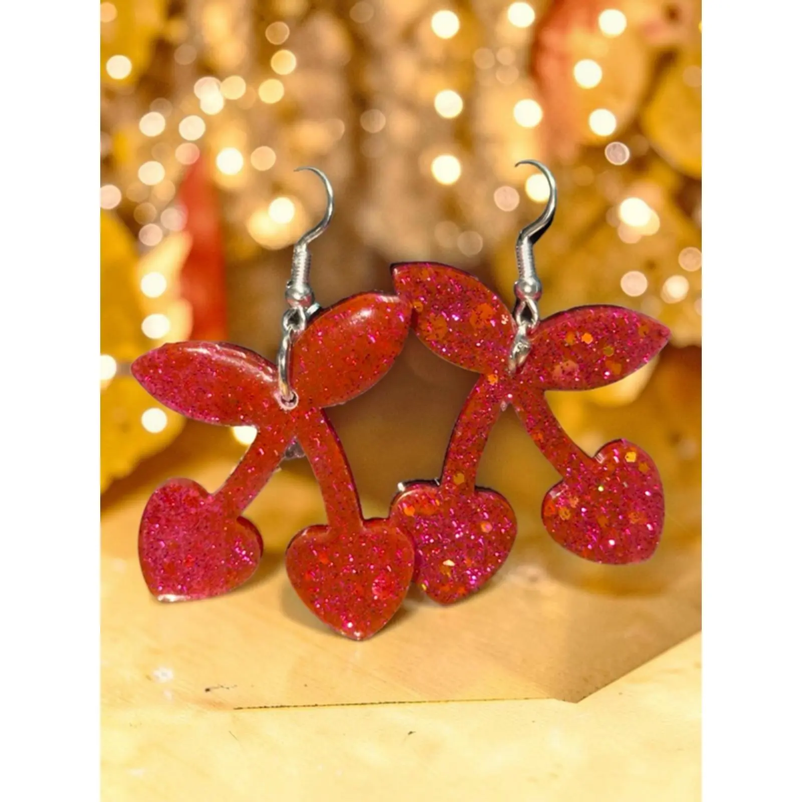 Angel Trumpet LLC Handmade Pink Glitter Heart Cherry Resin Earrings Double Cherry Design Silver-Tone Fishhook Lightweight Statement Jewelry