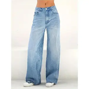 Blue loose-fitting straight high-waist slant pocket pants; women’s clothing