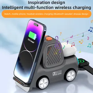 3-in-1 wireless charging station built with high-quality speaker and time display function. Adopting dual-coil charging design, it is compatible with wireless-charging supported phones, earphones and watches. All-in-one fast charging stand, Model T30S.