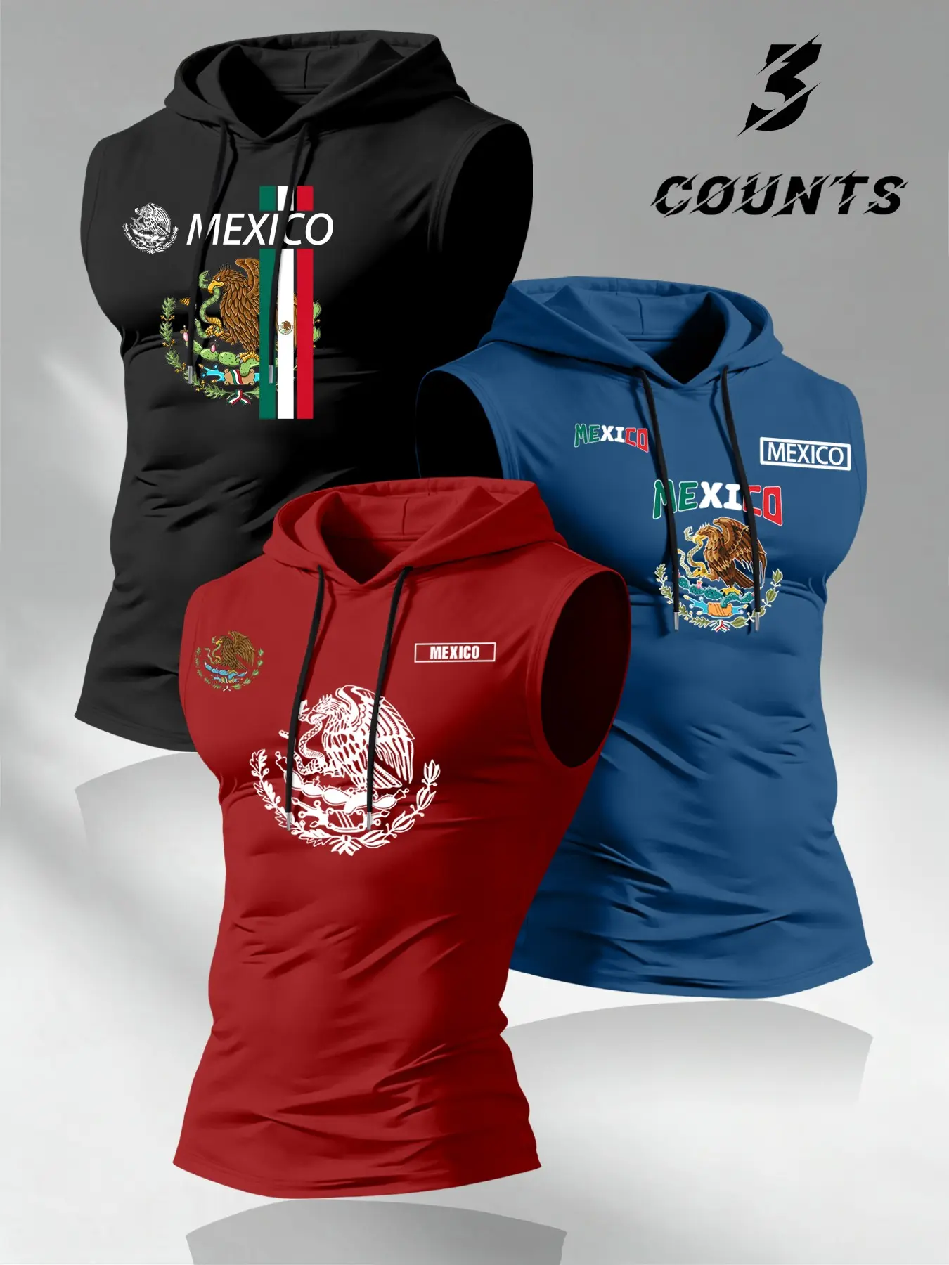 Men's 3-Piece Mexican Theme Graphic Hoodie Set, Casual Sleeveless Tank Tops, Comfortable Daily Wear, Perfect Gift for Patriotic Fans, Casual Sporty Hoodies, Casual Print Clothes