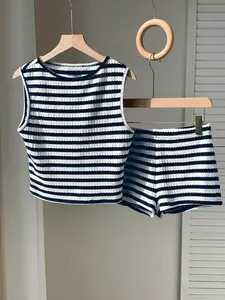 Two-piece Set Women's Striped Pattern  Tank Top & Shorts, Casual Sleeveless Round Neck Top & Shorts for Summer, Ladies Clothes for Daily Wear, Knitted Shorts Set