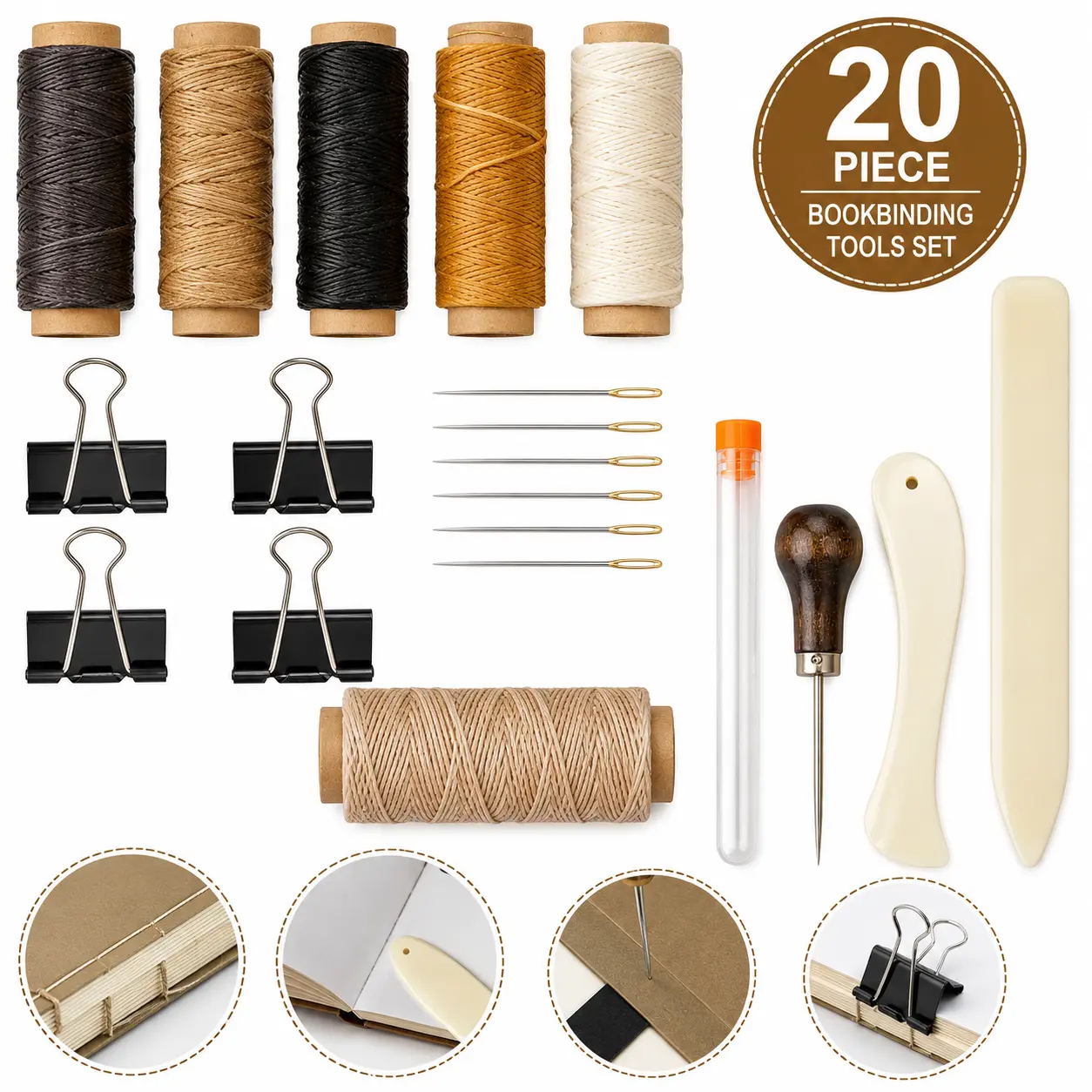 20 Pcs Bookbinding Tools Set – Bone Folder, Waxed Linen Thread, Wood Awl, Large-Eye Needles, Binder Clips for DIY Handmade Books, Leather & Sewing Crafts (Starter Kit)