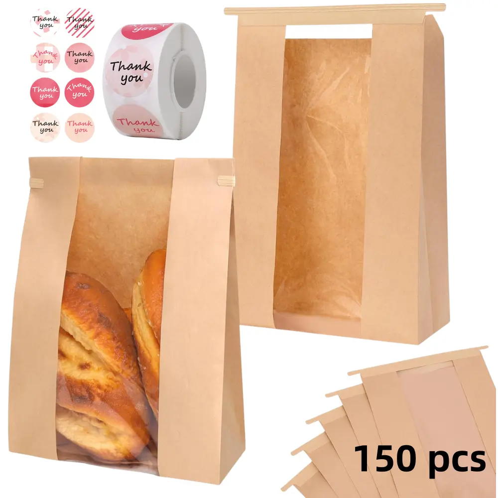 Simple Kraft Food Packaging 150-Piece Baking Bread Bag Set - 1 Roll of Stickers, Transparent Window, Wire Seal - Suitable for Sourdough, Toast, Sandwiches - Ideal for Home Bakery Use