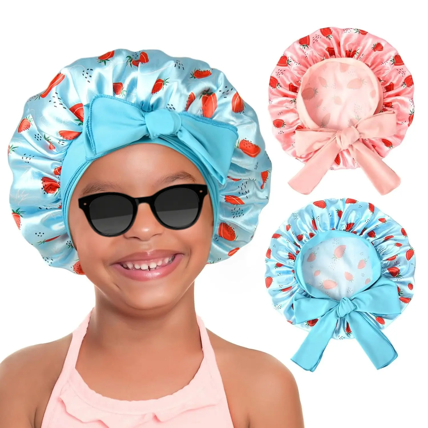 X-HDW28   2 PCS Baby Bonnet Silk Satin Bonnet for Kids Sleeping Cap Curly Natural Hair Silk Bonnets for Girls Boys Infant