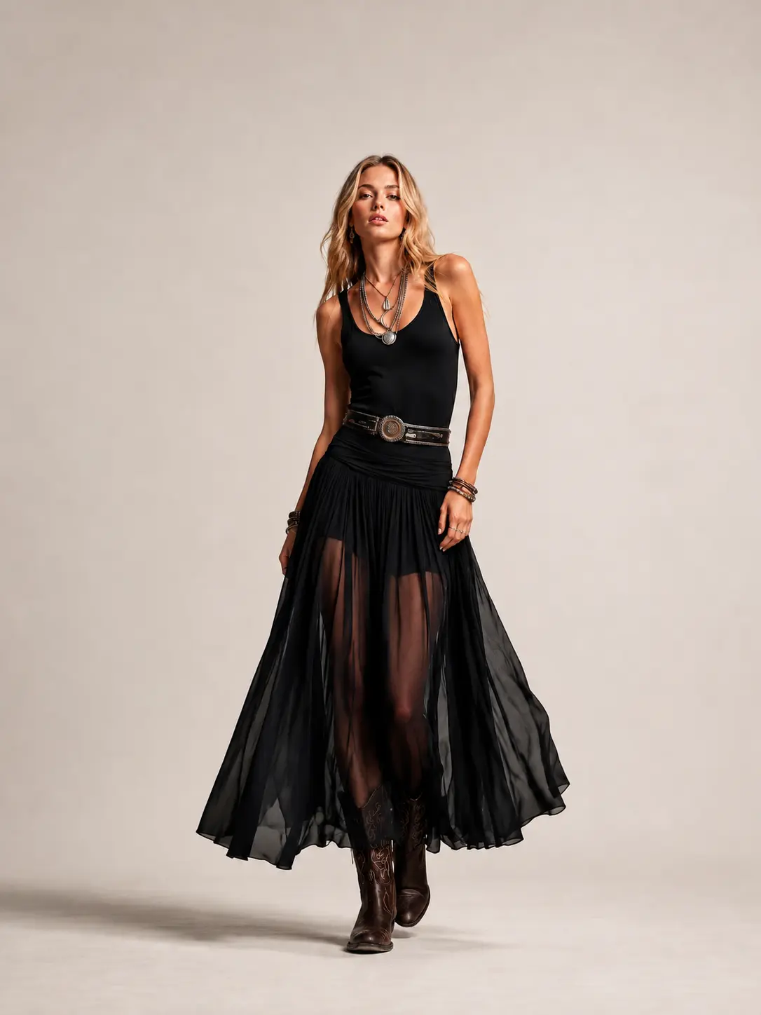 Women's Black Maxi Dress, Deep V Neck Sleeveless High Waist Long Dress with Belt, Flowy A-Line Sheer Overlay Skirt, Elegant Boho Western Summer Vacation Beach Resort Party Wedding Guest Cocktail Formal Evening Dress, Sizes XS-2XL, 2026 Fashion