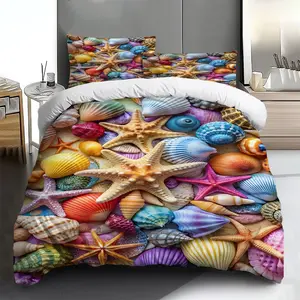 Three-piece bedding set - 2pcs/3pcs 2D Flat colorful seashell and starfish pattern duvet cover set (1 duvet cover + 1/2 pillowcases, no insert), multi-color printed bedding set, soft and comfortable, suitable for family bedrooms and guest rooms.