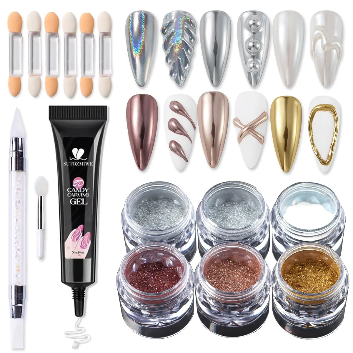 DIY Manicure Bedazzling Glitter Kit with Chrome Powder, 3D Sculpting Gel, 6-Jar Metallic Mirror, Holographic & Iridescent Glitter, Silicone Multi-Pack for Glamorous Nail Art Design, Nails Kit Set, Easy Nail Art
