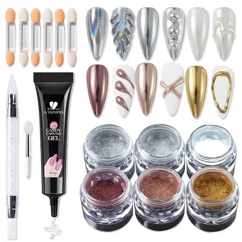 DIY Manicure Kit - Cosmetic Nail Art Supplies with Chrome Powder, 3D Sculpting Gel, 6-Jar Metallic Mirror Glitter, Illuminating Iridescent Glitter, Silicone Multi-Pack, Acrylic Pearl Accents, Easy Control for Fall Halloween Nails