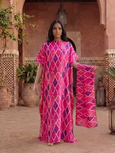 Women's Elegant Geometric Argyle Pattern Robe Set, Long Dress + Headscarf Scarf Hairband, Beach Sun Protection Satin Silk Shawl Elegance, Womenswear, Lady