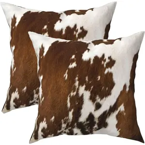Western  Throw Pillows Cover Set of 2 Brown Faux  Cowhide Decorative Pillow Covers 18x18 Inch Farmhouse  Print Square Pillowcase for Outdoor Couch Sofa Bed Room Decor