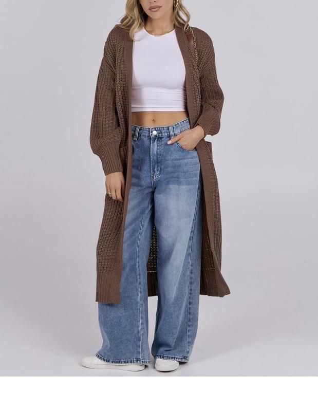 Long Cuff Sleeve Open Front Knit Long Duster Coat With Pockets