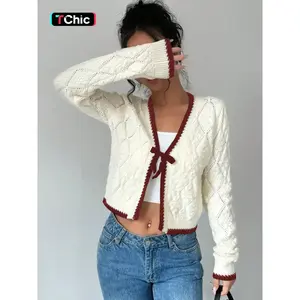 Women's Contrast Binding Bowknot Design Cardigan, Casual Long Sleeve Knitwear for Spring, Cardigans for Women, Fashion Women's Knit Clothing for Daily Wear