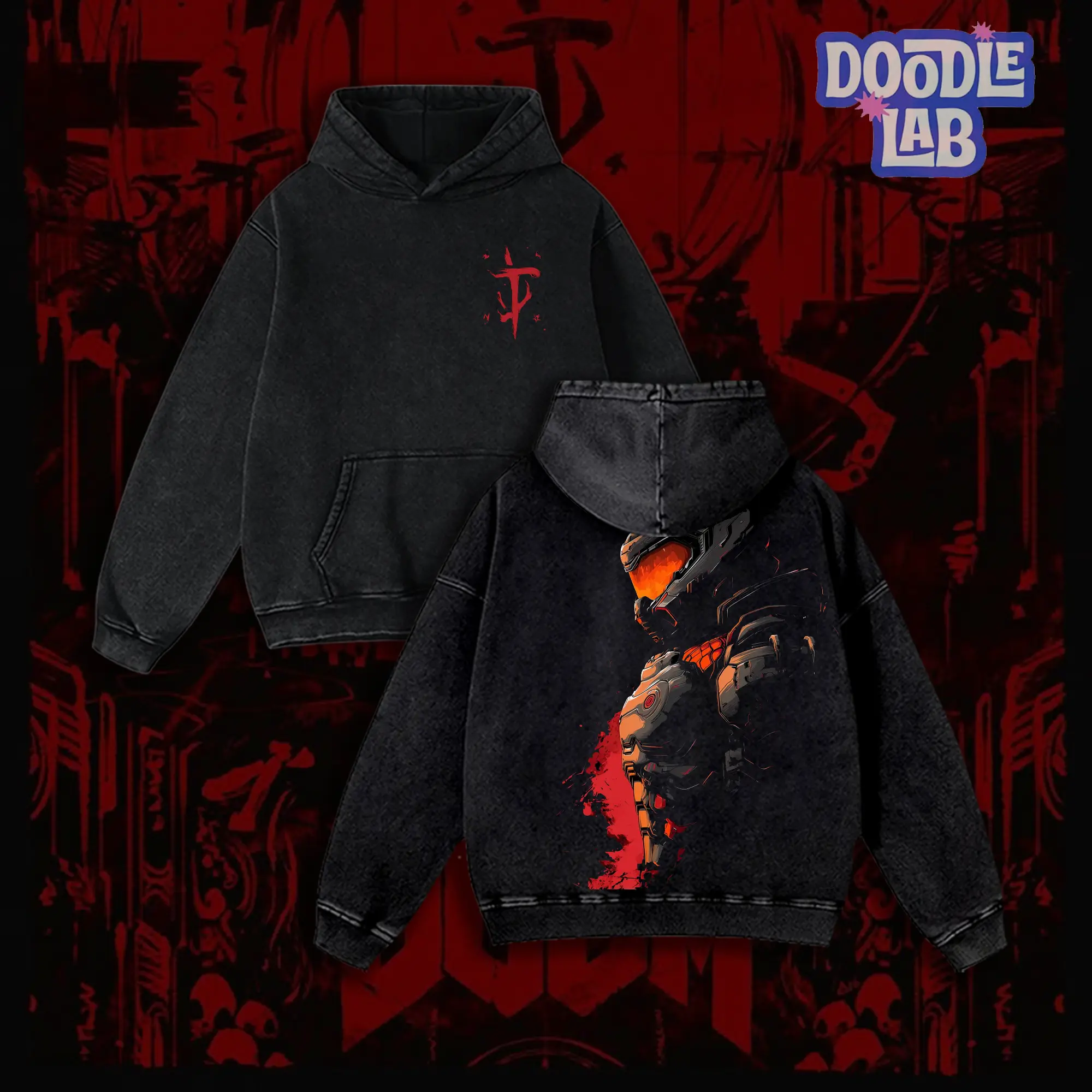 Vintage Washed Cyber Sentinel Graphic Oversized Hoodie