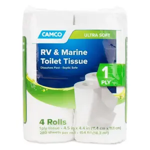 Camco Camper/RV Toilet Paper - Sewer-Safe, Septic-Safe & Biodegradable - Designed for Camper, Trailer & Marine Sanitation Systems - 1-Ply Tissue | 4 Toilet Paper Rolls – 280 Sheets per Roll