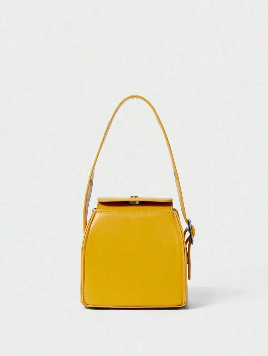 Women's Mini Box Top Handle Bag, Retro Yellow PU Leather Satchel, Adjustable Buckle Strap, Structured Square Handbag for Party, Daily, Casual Use, Aesthetic Y2K Style, Cute Small Purse