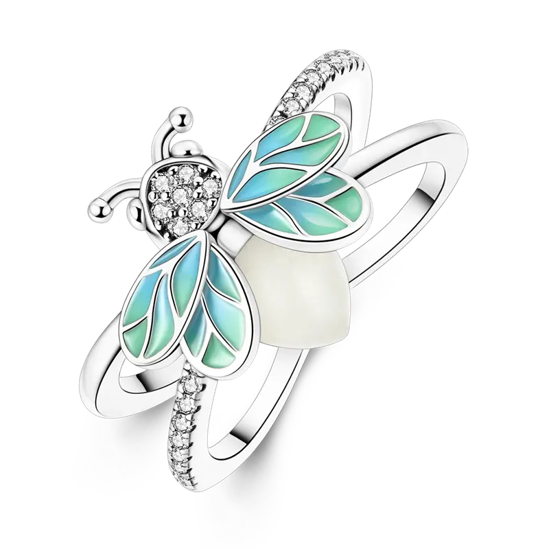 NARMO Glow-in-the-Dark Firefly Ring | Silver, glow-in-the-dark beads, zircon and color-changing enamel | Fluorescent jewelry inspired by insects | The perfect gift for nature lovers