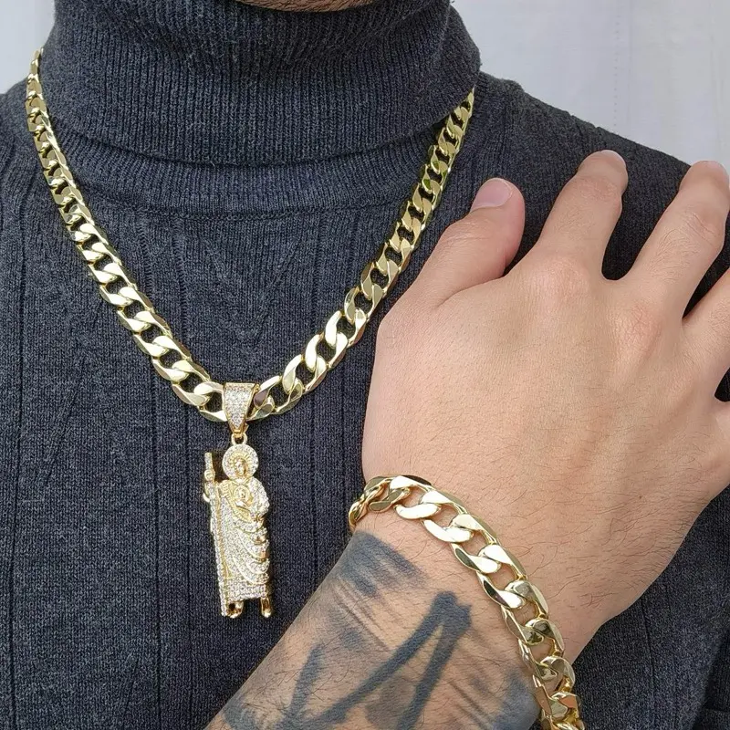 ViOrO 14K Gold Plated 10mm Cuban Link Chain with Bracelet and San Judas Tadeo Pendant for Dairy Use. Electro Laminated Premium Jewelry