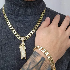 ViOrO 14K Gold Plated 10mm Cuban Link Chain with Bracelet and San Judas Tadeo Pendant for Dairy Use. Electro Laminated Premium Jewelry