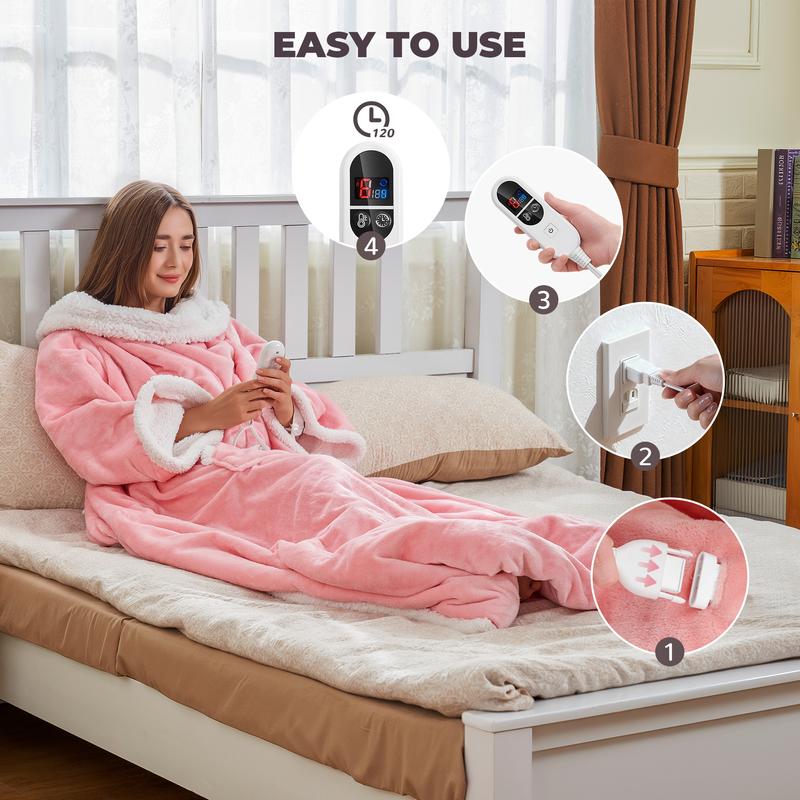 TEHANLD Wearable Heated Blanket with Foot Pocket, Electric Wearable Throw Blanket with Sleeves, Portable Heated Blanket with 6 Heat Settings, 1-12 Hours Auto Shut-off, Gift for Family, Friends, 52*72"