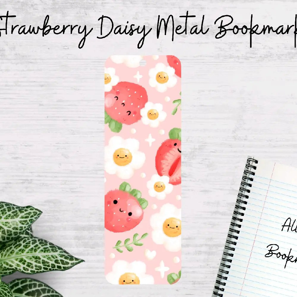 Strawberry Daisy Metal Bookmark, Cute Pink Kawaii Fruit Bookmark for Readers