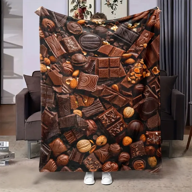 Chocolate Treats Print Polyester Fiber Fleece Flannel Throw Blanket - Soft, Warm, Durable, Portable, Machine Washable, All Seasons for Game Nights, Sofa | Home Decor Tapestry Gift Idea, Machine Wash