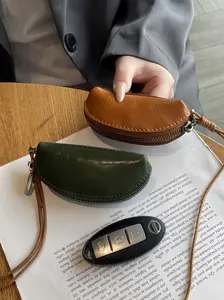 First Layer Cowhide Plant-Tanned Leather Coin Purse, Mini Genuine Leather Keychain Wallet, Women's Neck Strap Organizer Bag