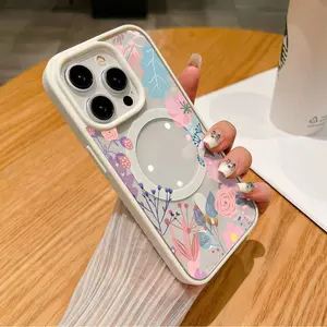 Pink Floral Pattern Clear Magnetic Phone Case , Compatible with MagSafe Silicone Bumper Protective Cover For iPhone X XSMAX 11 12 13 14 15 16 17 Pro Max, AirPro Max