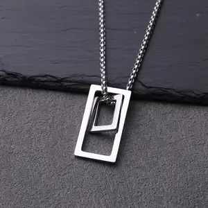 1pc Funky Geometric Rectangle Frame Pendant Necklace, Mens Hip Hop Minimalistic Necklace Jewelry Accessory