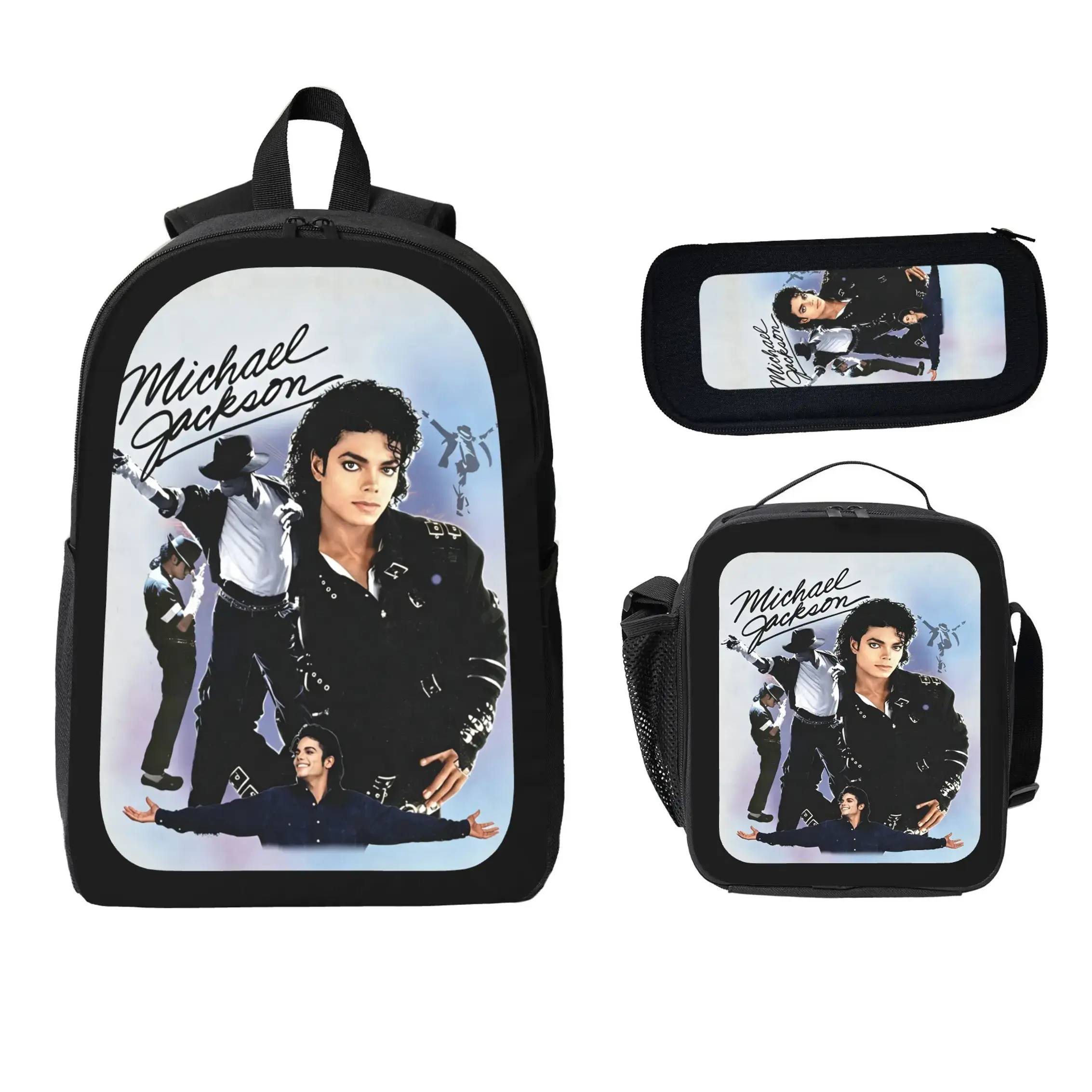Michael Jackson Backpack Set 3Pcs Kids School Bag Lunch Bag Pencil Case Pop Music Theme Bookbag Lightweight Travel Backpack Durable Back To School Essentials Bundle Perfect Gift For Boys Girls Elementary School Students