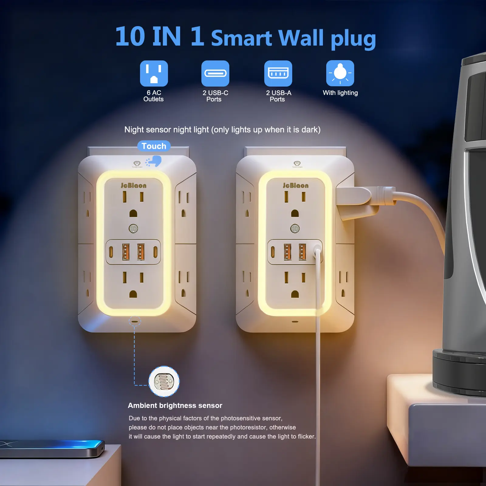 2 Pack 10 IN 1 Outlet Extender with Auto Sensor Night Light, 1050J, 6 Wide AC Outlet Extender with 4 USB Charging Ports (2 USB C), 3-Sided Power Strip Multi Plug Wall Outlet Splitter Adapter Spaced for Home Office Dorm
