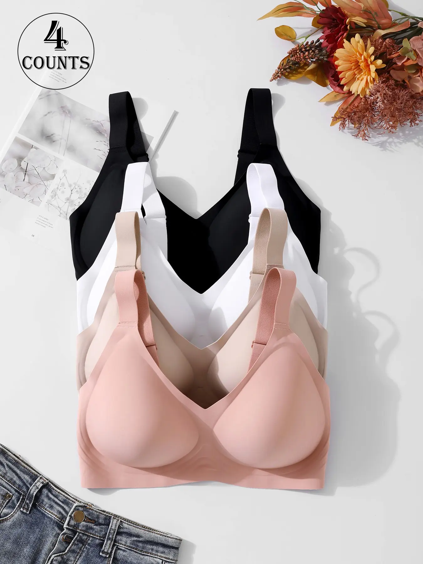 4 Pack Plus-Size Women's Seamless Jelly Bras, Elastic Push-Up Bras, Four Rows of Four Hooks, 0XL-4XL Sizes, Adjustable Straps, Suitable for Daily Wear and Yoga, Comfortable Breathable and Skin-friendly Fabric, Non-Wire Bras