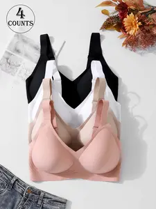 4 Pack / 5 colors, plus-size women's seamless jelly bra, Adjustable bras, four rows of four hooks, 0XL-4XL sizes, push-up and lift, adjustable sports vest, suitable for daily wear, yoga, comfortable, breathable and skin-friendly, women's non-wire bra