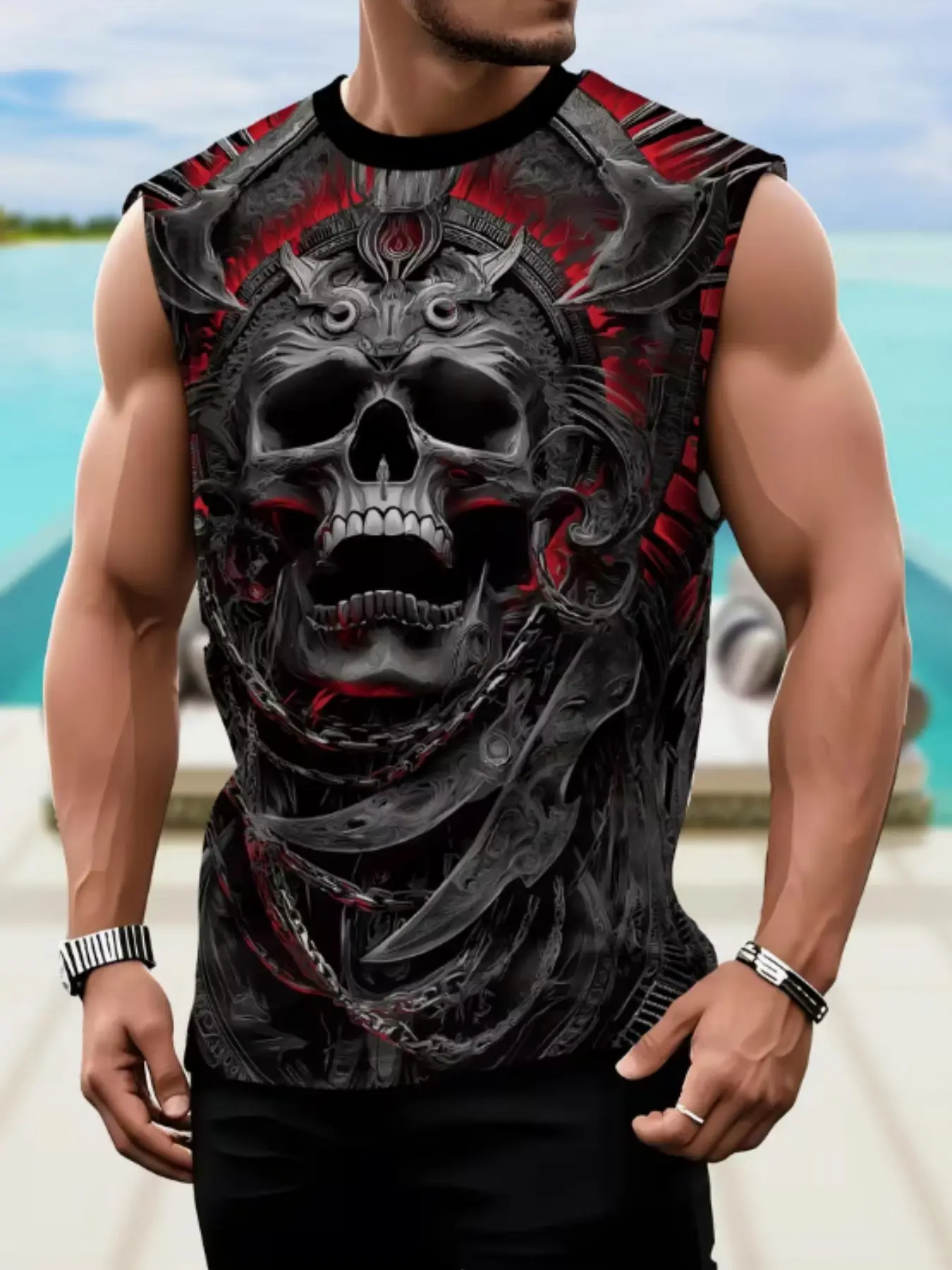 Men's Sleeveless Vest, 3D Dark Mechanical Skull Print, Casual Fashionable Style Breathable Tropical Summer Sleeveless T-Shirt, All Seasons Fitted Design, Tops, Casual Summer Wear