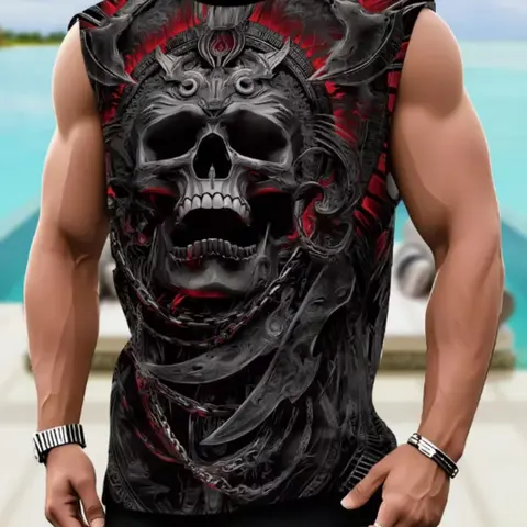 Men's Sleeveless Vest, 3D Dark Mechanical Skull Print, Casual Breathable Design, Fashionable Tropical T-Shirt for Summer, All-Season Fitted Design, Fashionable Top, Casual Fashion Clothing