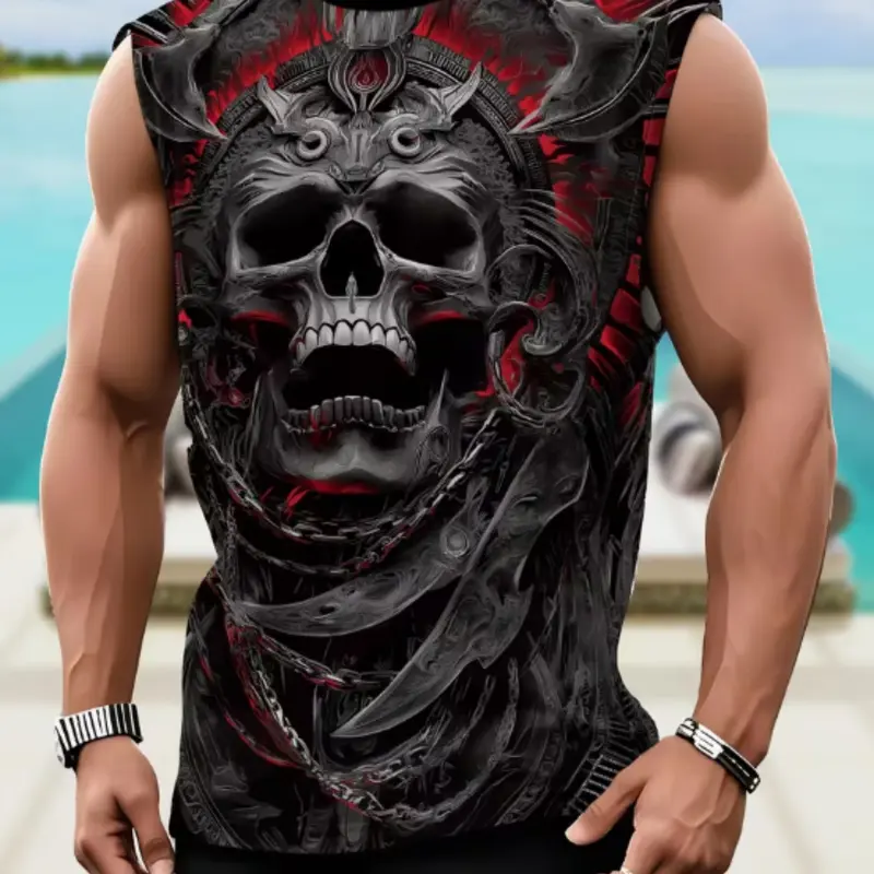 Men's Sleeveless Vest, 3D Dark Mechanical Skull Print, Casual Breathable Design, Fashionable Tropical T-Shirt for Summer, All-Season Fitted Design, Fashionable Top, Casual Fashion Clothing