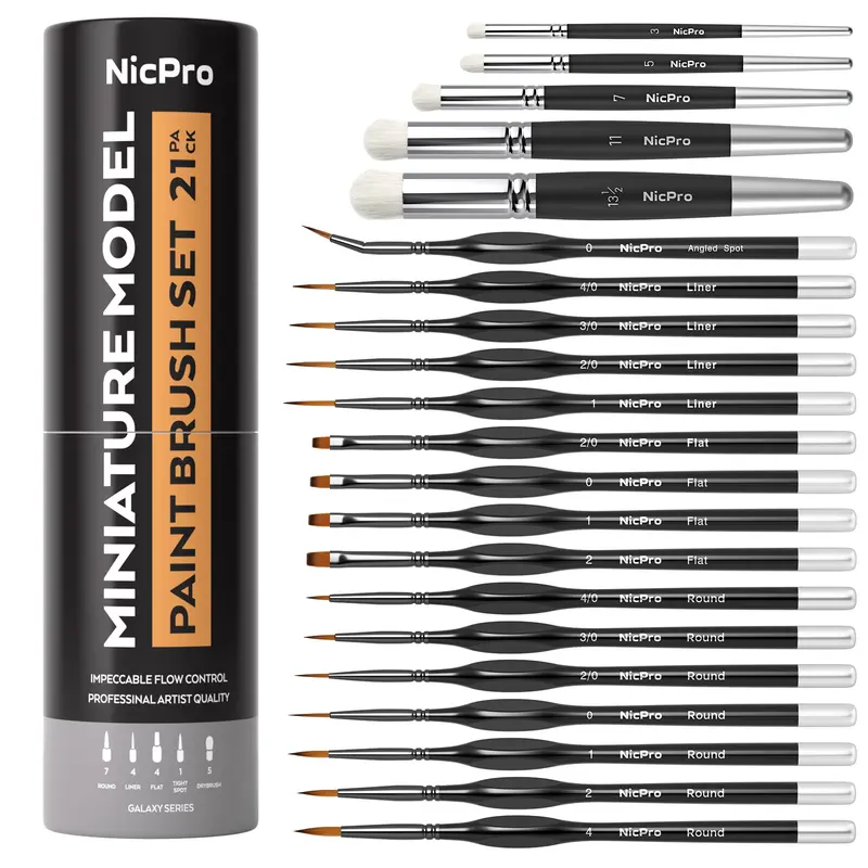 Nicpro 21-Pieces Miniature Paint Brushes Set with Container - 16-Pack Precision Painter Tool, Synthetic Fibers Drybrush for Acrylic/Oil/Watercolor, Model Painting, Metallic Highlights (For Beginners)