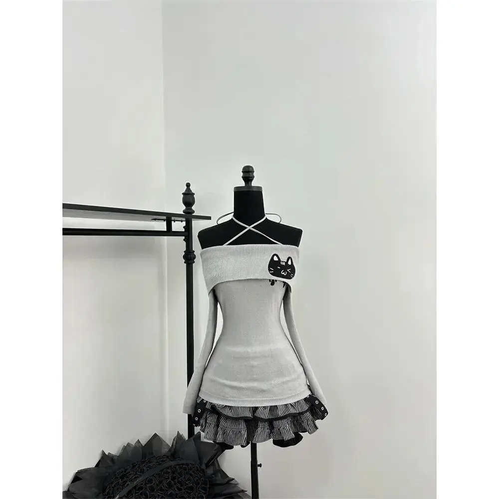 Autumn Women Cute Core Korean 2000s Aesthetic Rave Birthday Hot Outfits 2 Piece Set Long Sleeve Sweater + Mini Ruffle Skirts Clothes Womenswear