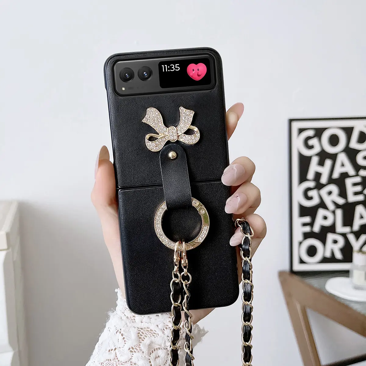 PU leather bow tie cellphone case with rhinestone ring buckle, crossbody strap, hard PC back plate protective phone case, Stylish cellphone accessory, suitable for Motorola Razr 2023/Razr 40 Cover Accessories