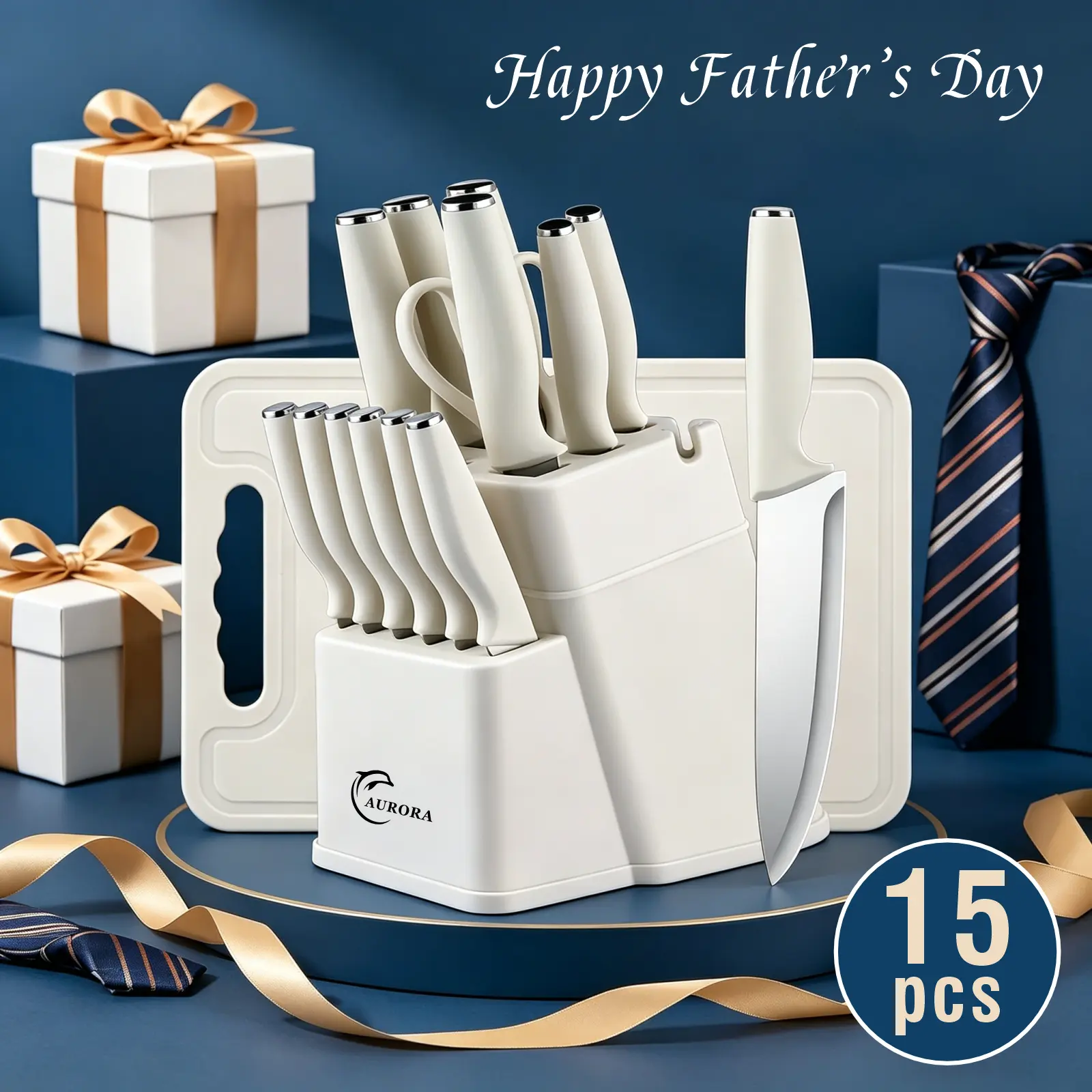 15 piece stainless steel kitchen knife set | Sharp and durable blade for cutting meat, bone and skin, slicing knife, bone cutting knife, fruit knife, kitchen scissors, knife sharpener