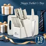 15-Piece Premium German Kitchen Knife Set with Block | Includes Self-Sharpening System & Wooden Steak Knives | Dishwasher Safe with Anti-Slip Handles | Made of Black Stainless Steel Blade Storage Stylish Stylish Board Cutting