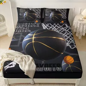 3pcs Basketball Sport Printed Bedding Set, Stylish and Romantic Includes Fitted Sheet and 2 Pillowcases, Cozy Home Decor