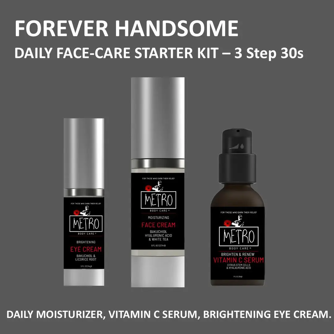 METRO Forever Handsome Daily Face-Care Starter Kit - 3 Step 30s Moisturizing Face Cream, Vitamin C Serum, Brightening Eye Cream with Bakuchiol & Hyaluronic Acid