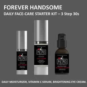 METRO Forever Handsome Daily Face-Care Starter Kit - 3 Step 30s Moisturizing Face Cream, Vitamin C Serum, Brightening Eye Cream with Bakuchiol & Hyaluronic Acid
