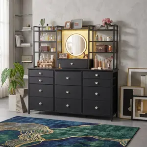 Black Multifunctional Vanity Dresser With Built-in LED Light 12 Fabric Drawers Adjustable Open Shelves Makeup Mirror Area Fast Assembly Large Capacity Storage Organizer For Bedroom Daily Beauty & Clothes Storage