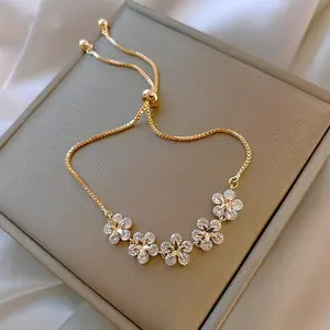 Women's 14K Gold Plated Clover Flower Bolo Bracelet Adjustable Stainless Steel Slider with Cubic Zirconia Dainty Floral Jewelry Perfect Thanksgiving Gift for Her Everyday Wear Accessory